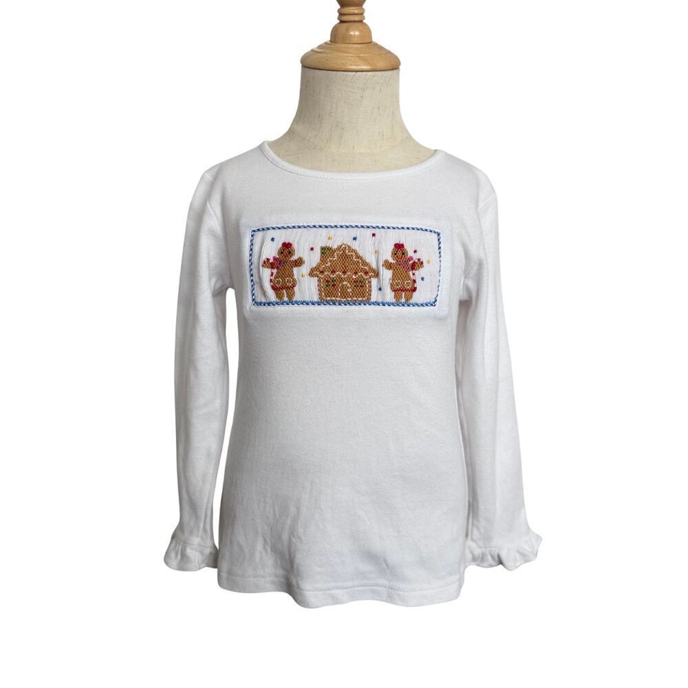 Vive La Fête Girls Gingerbread Smocked Top Long Sleeve Shirt White Holiday 2T